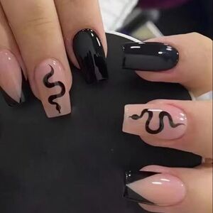 Witchcore Serpent Goth Elegant Black and Nude 24 Square Press-On Nails